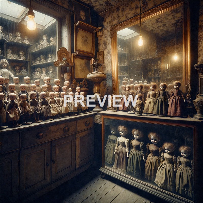 The image shows a dimly lit room filled with antique dolls displayed on shelves and in glass cases, with some dolls dressed in old-fashioned clothing and others missing parts, reflecting an eerie, vintage atmosphere.